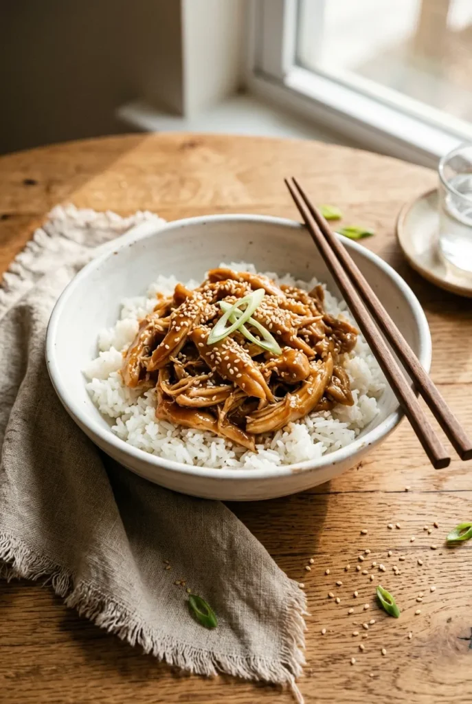 White ceramic bowl of honey garlic shredded chicken thighs over steamed rice with sesame seeds and green onion.