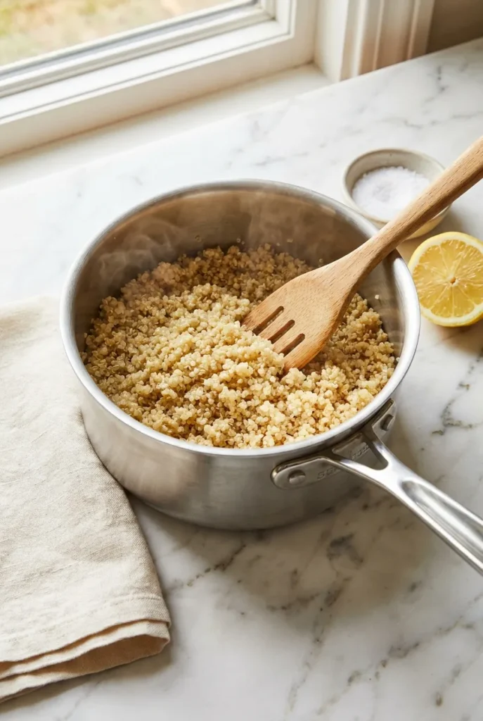 Overhead view of a saucepan with cooked quinoa being fluffed with a wooden fork on a kitchen counter