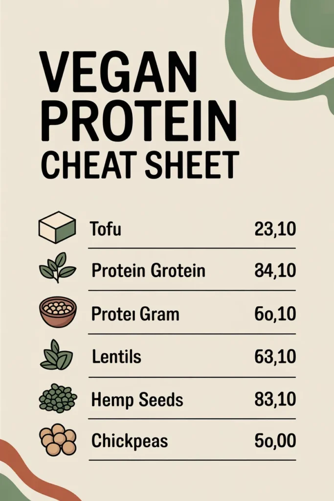 Vegan protein cheat sheet chart showing protein grams per serving for tofu, lentils, hemp seeds, and other plant-based protein sources.