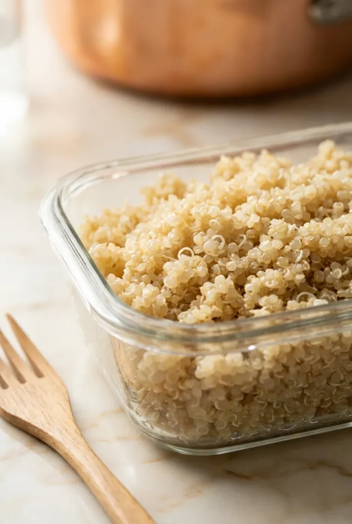 Close-up of fluffy cooked quinoa in a glass container showing separated grains with white germ tails