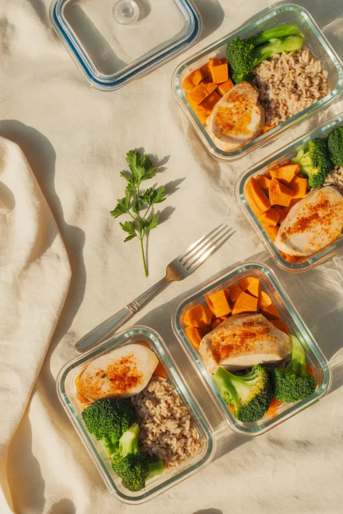 interest hero of sheet pan chicken and veggies meal prep with golden chicken, sweet potato, and broccoli in glass containers