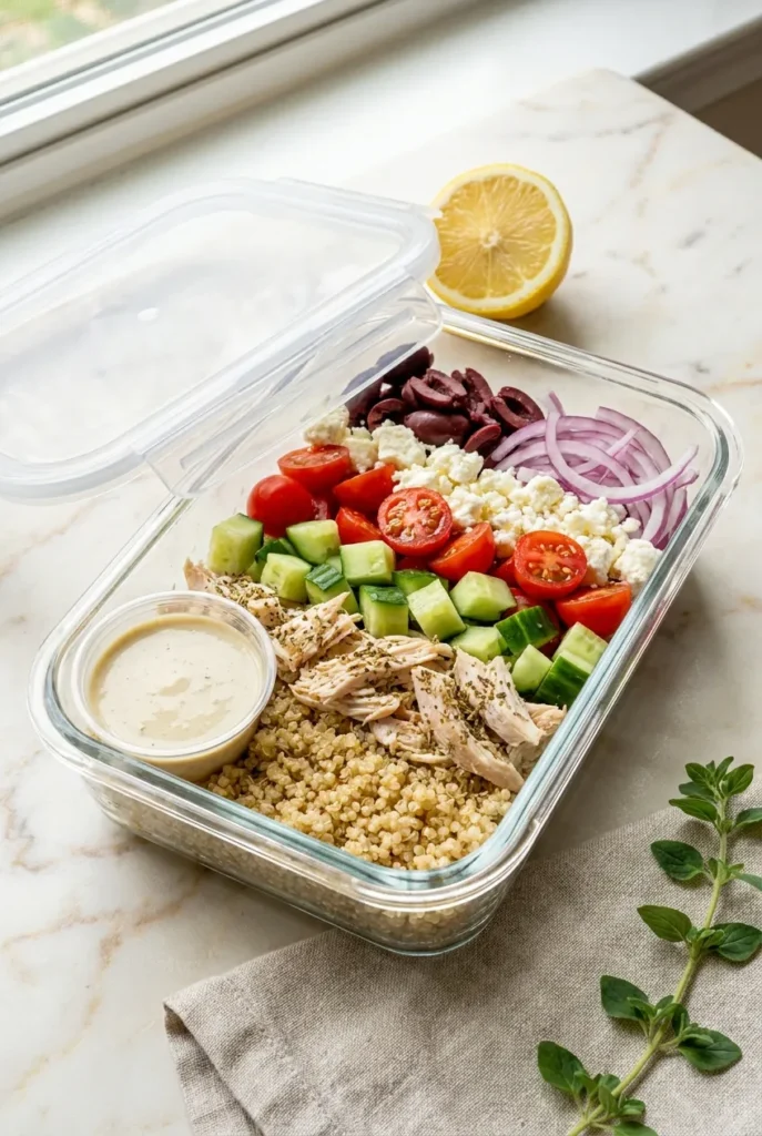 Mediterranean chicken quinoa meal prep bowl with feta olives and lemon tahini dressing