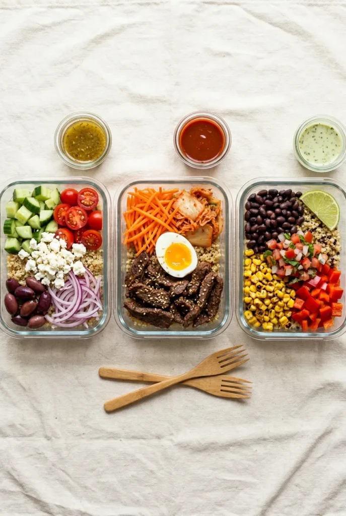 Three quinoa meal prep bowls side by side showing Mediterranean, Korean, and Mexican variations