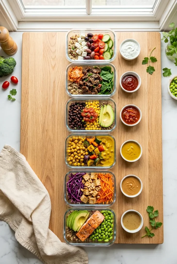 Six high-protein quinoa meal prep bowls lined up on a wood cutting board with colorful toppings