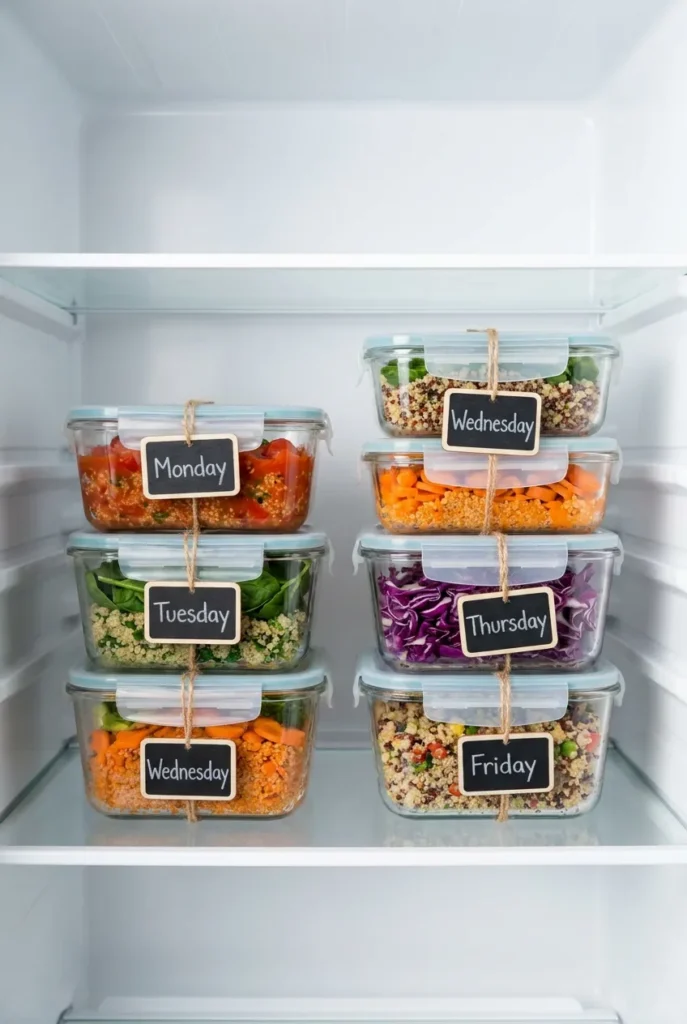 Five stacked glass meal prep containers in a fridge labeled Monday through Friday