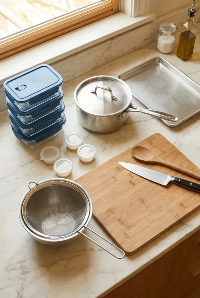 Meal prep equipment including glass containers, dressing cups, saucepan, sheet pan, and fine mesh strainer