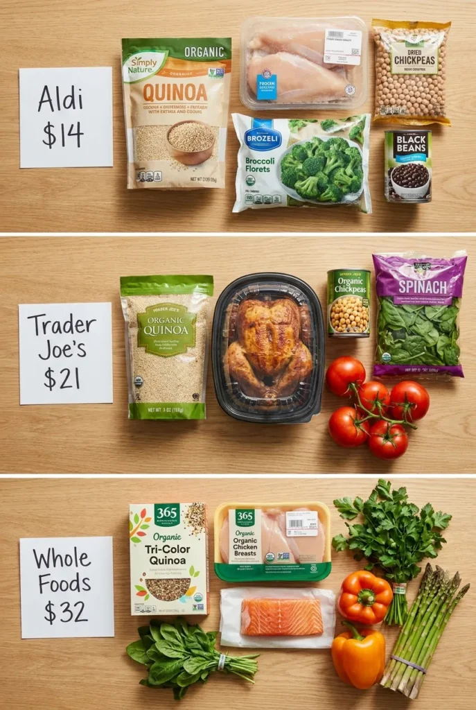Side by side flat lay of three grocery hauls from Aldi, Trader Joe's, and Whole Foods for quinoa meal prep