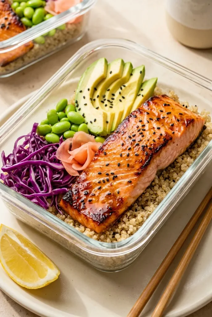 Close-up of a salmon avocado quinoa meal prep bowl with edamame and purple cabbage